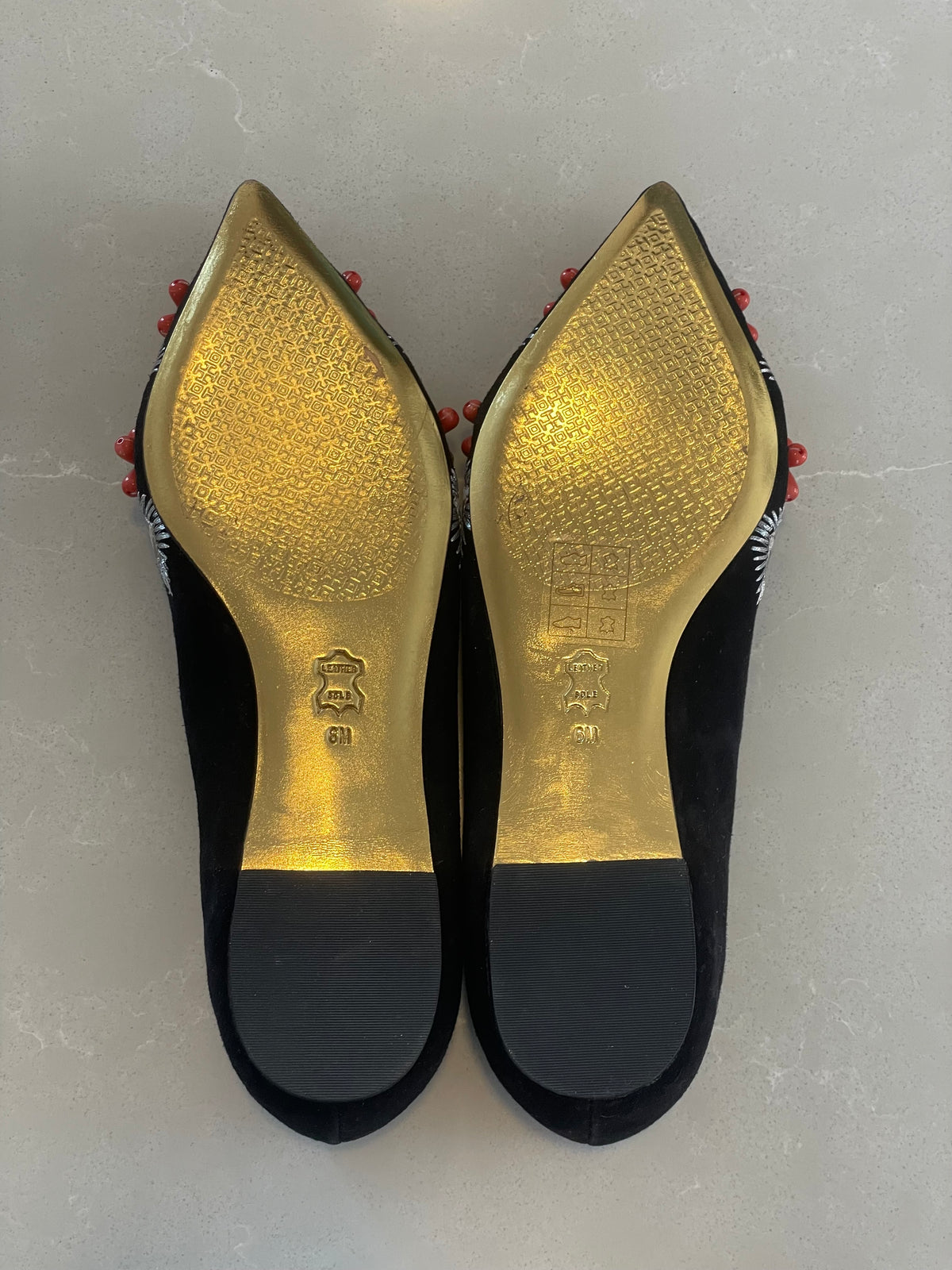 Tory Burch New Pointy Toe Black Suede Flats with Embroidery