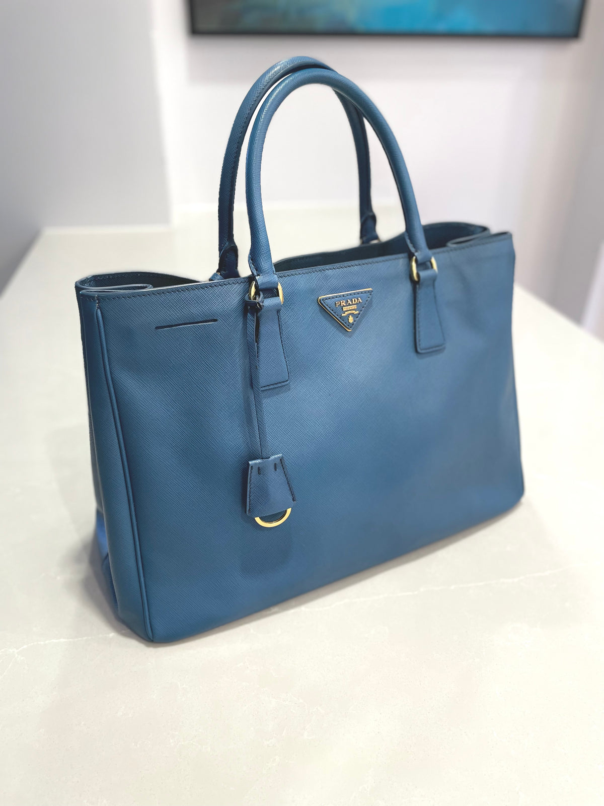 Prada Galleria Saffiano Leather Large Structured Blue Tote