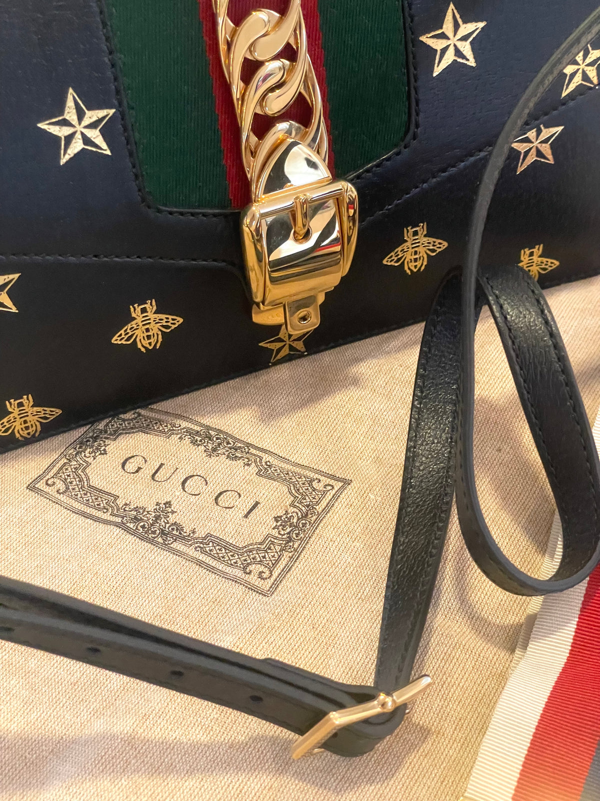 Gucci Sylvie Bee Star Medium Black with Ribbon strap